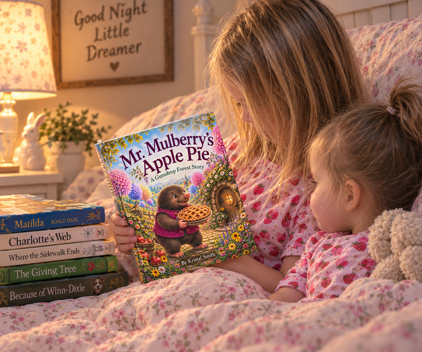 A warm Pleasant Wish bedtime reading scene featuring Mr. Mulberry’s Apple Pie