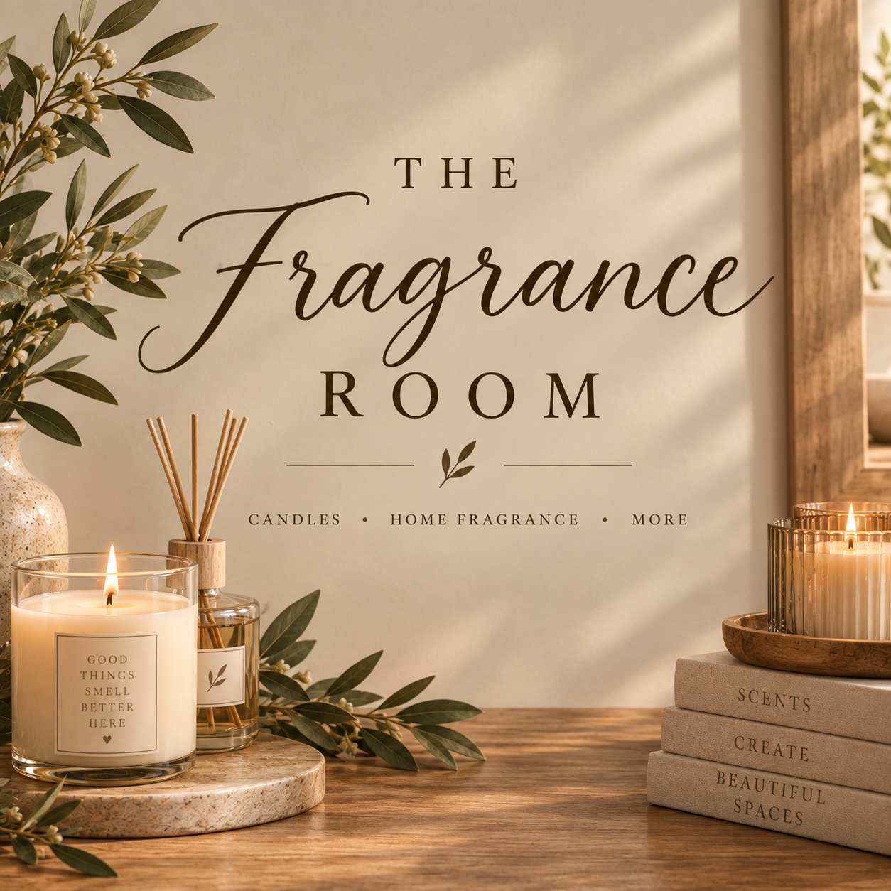 The Fragrance Room, with candles, a reed diffuser, and leafy branches in warm light