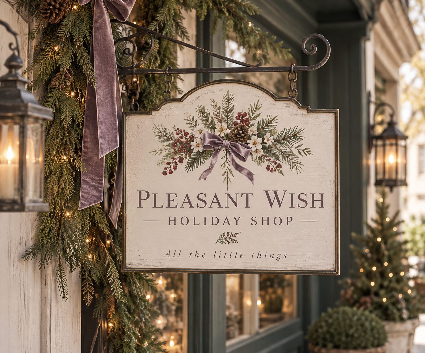 A Pleasant Wish Holiday Shop sign framed by evergreen garland, lights, lanterns, and a lavender velvet ribbon