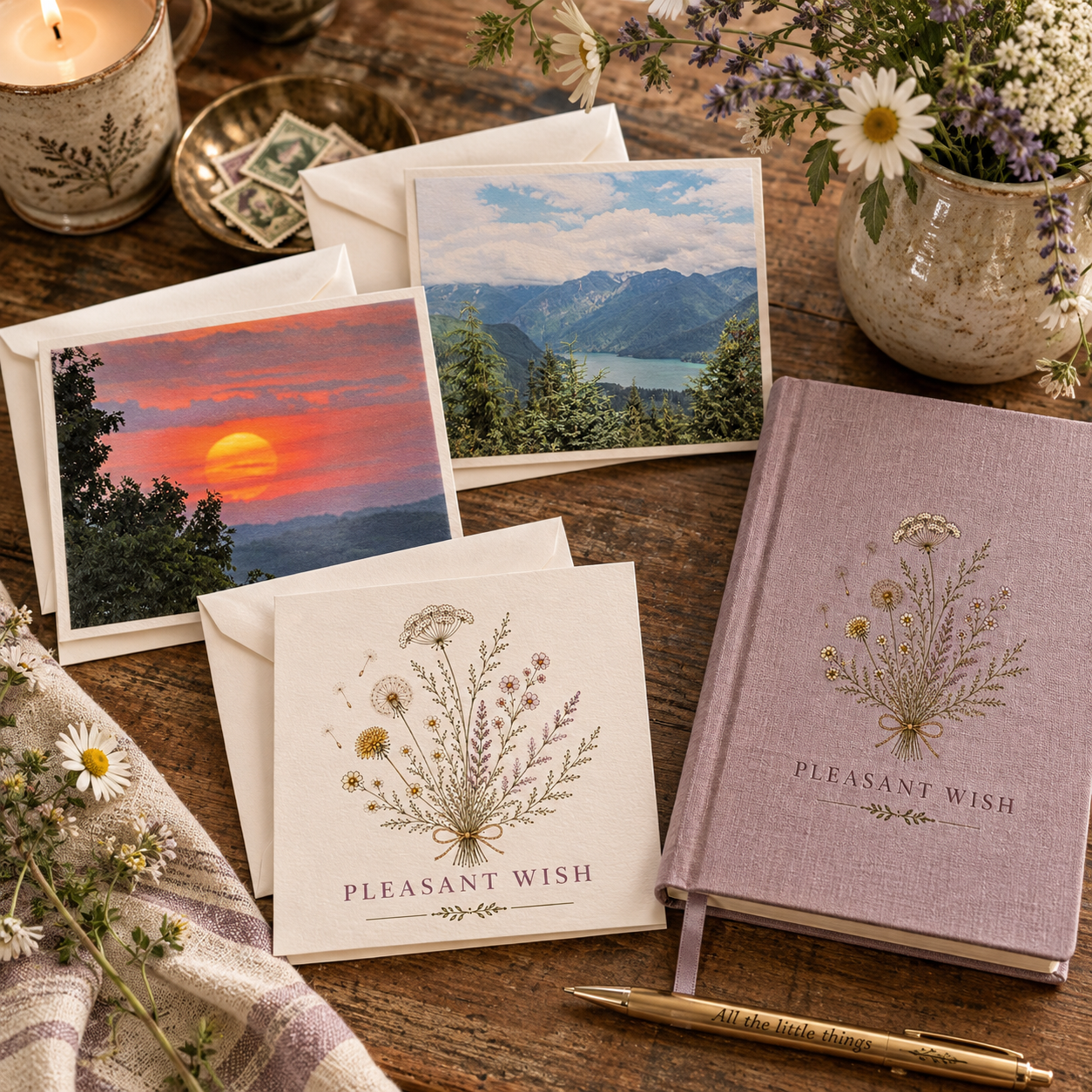 Pleasant Wish journal, notecards, and original photography arranged with wildflowers